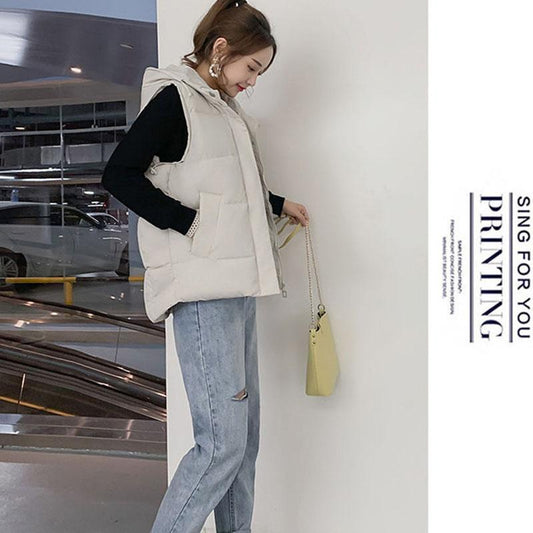 Autumn and Winter Short Casual Vest Korean Loose Hooded Jacket Solid Color All-match Female Down Vest