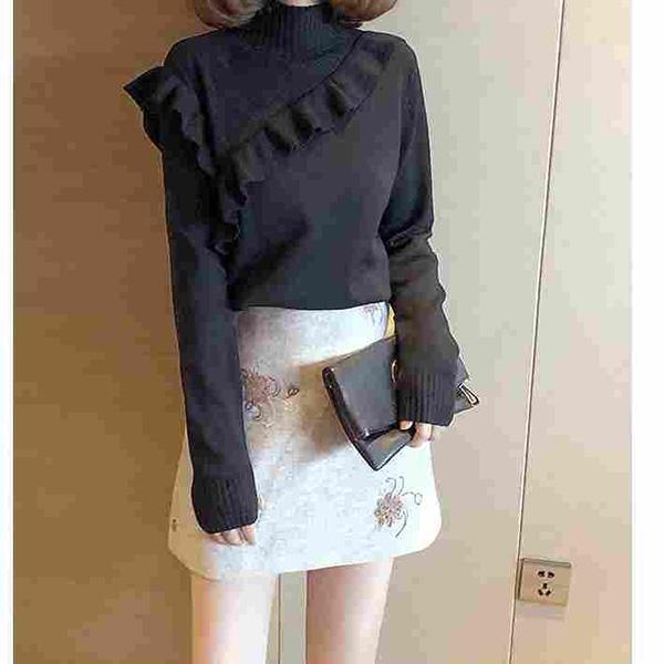 Autumn and Winter Half High Neck Sweater Fungus Lace Slim Long Sleeve Sweater