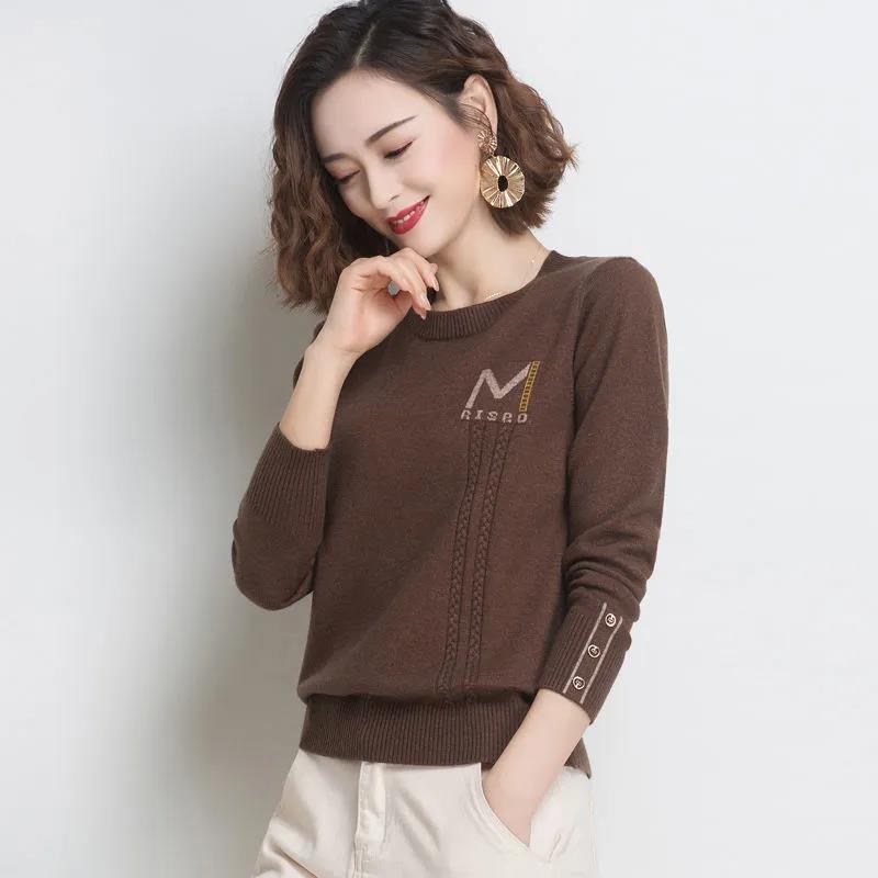 Women's Basic Solid Color Crewneck Sweater Fashion Button Cuff Loose Plus Size Sweater