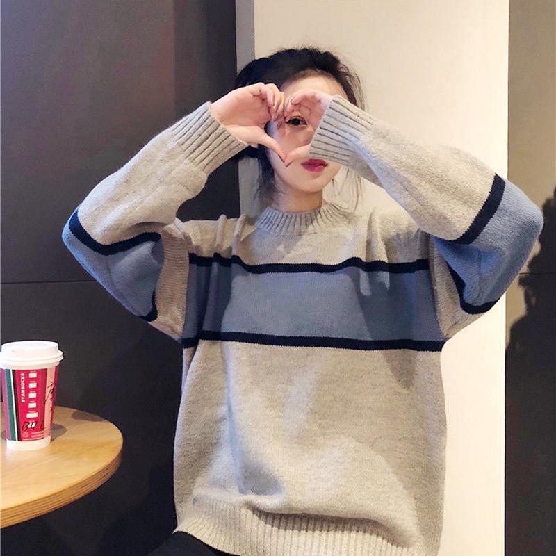 Autumn and Winter Pullover Crew Neck Sweater Korean Style College Style Color Matching Male and Female Students Loose Lazy Knit Jacket