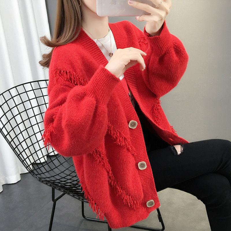 Mink Fleece Solid Color Sweater Coat Loose Knit Cardigan Top V-neck Long-sleeved Warm Sweater Coat Soft and Comfortable