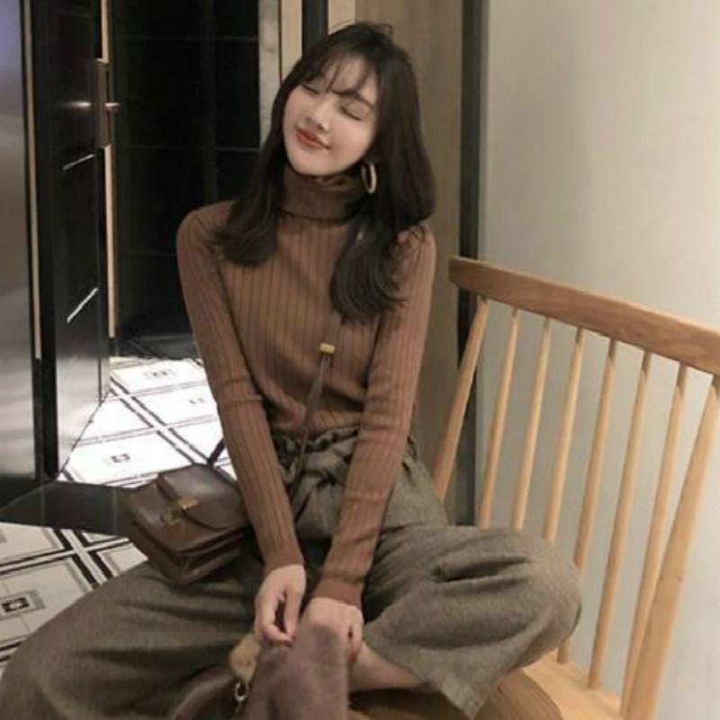 Pofulove High-necked Sweater Women's Pile Collar Bottoming Shirt Slim Sweaters Shirt Autumn Winter