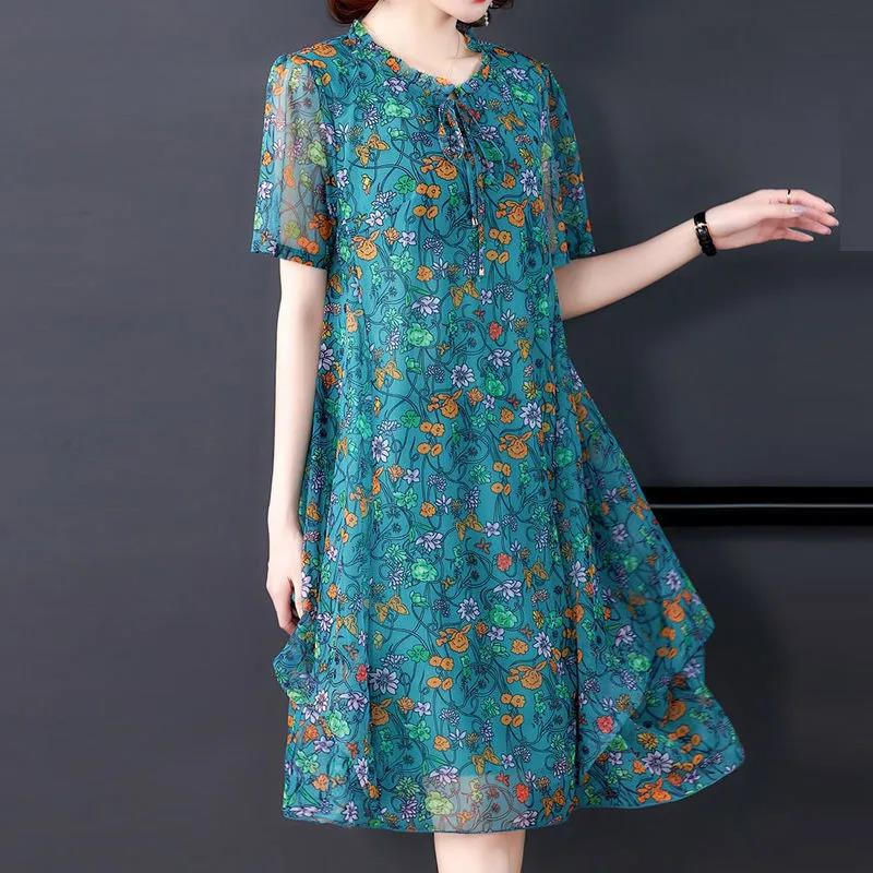 Summer Small Floral Mesh Mid-length Large Size Loose and Thin Short-sleeved Dress
