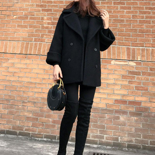 Loose Black Woolen Coat Mid-length Woolen Coat Autumn  Winter Thick Double-breasted Pea Coat