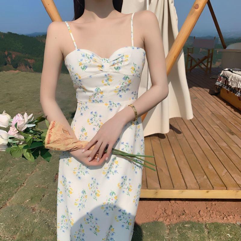 Women's Summer French Elegant Little Fresh Fairy Gentle Long Print Suspender Dress