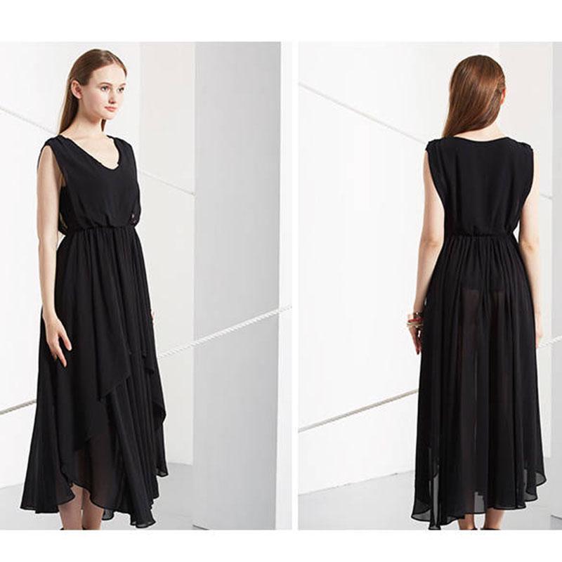 Fashion Summer Chiffon Dress Sleeveless V-neck Irregular Pleated Ruffled Dress Long Party Dress