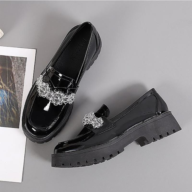 Thick-heeled Small Leather Shoes Round Toe Black Solid Color Loafers British Style Casual Shoes All-match Lazy Shoes