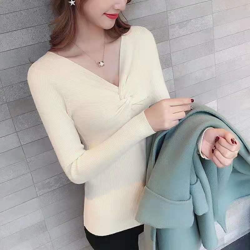 Deep V-neck Cross Short Lazy Wind Pullover Sweater Women Jumper Knitting Slim Short Top