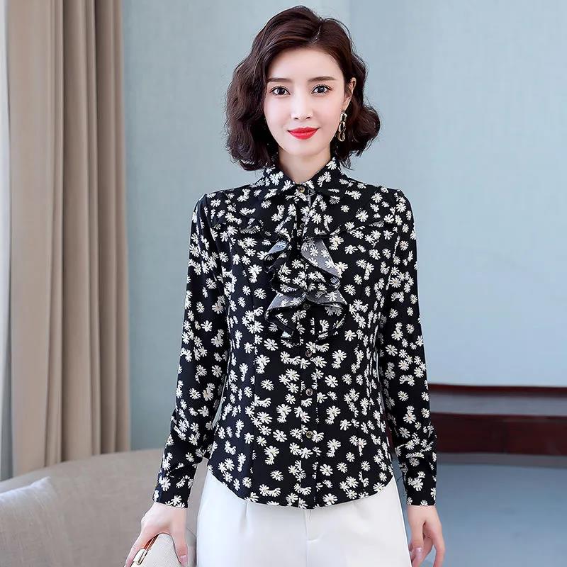 Women's Spring and Autumn Chiffon Shirt Loose Sweet Long Sleeve Printed Top