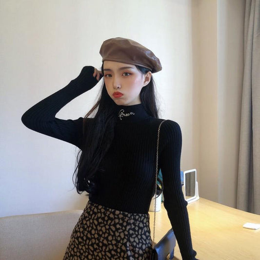 Pofulove Bottoming Shirt Women's Core Yarn Winter Sweater with Coat Long Sleeve Turtleneck Top