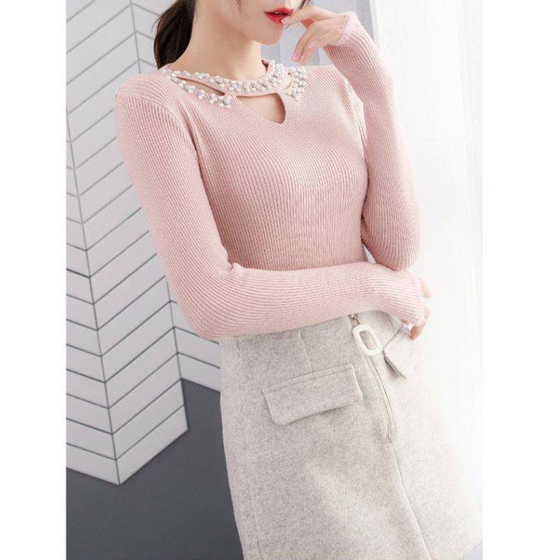 Pofulove Women hollow O-Neck Pearl Beaded Sweater Long Sleeve Knit Sweater Pullover thick Winter