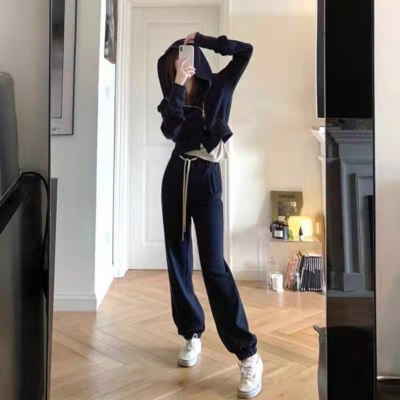 Women's Sports Suit Autumn Retro Royal Sister Fried Street Temperament Sweater Casual Suit Hooded Cardigan Sweater Jogging Trousers Two-piece Set