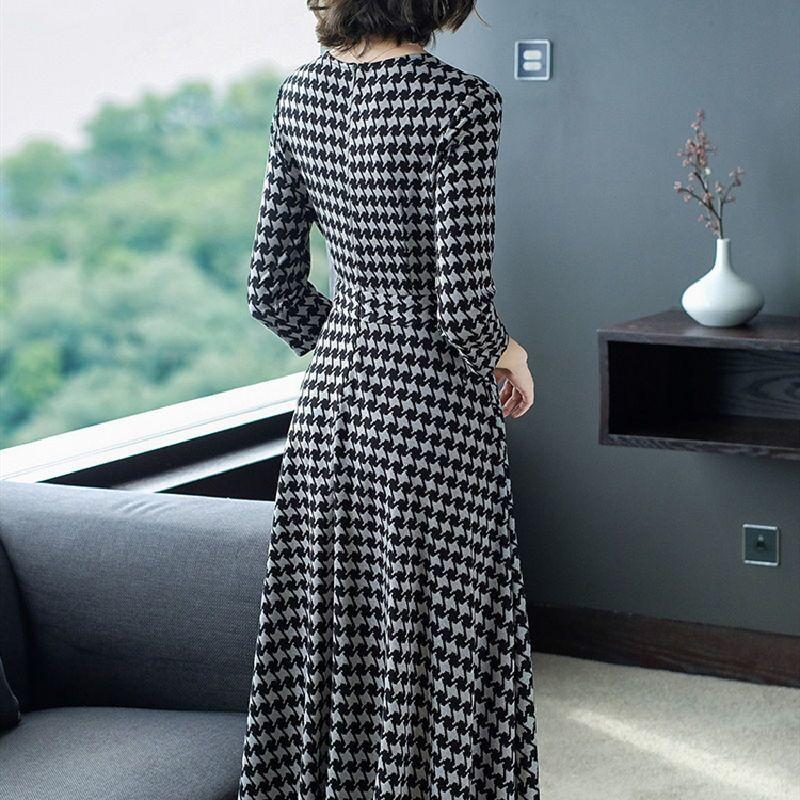 Plaid Printed Skirt Spring Summer Casual All-match Long Skirt V-neck Three-quarter Sleeves Waist Thin A-line Dress