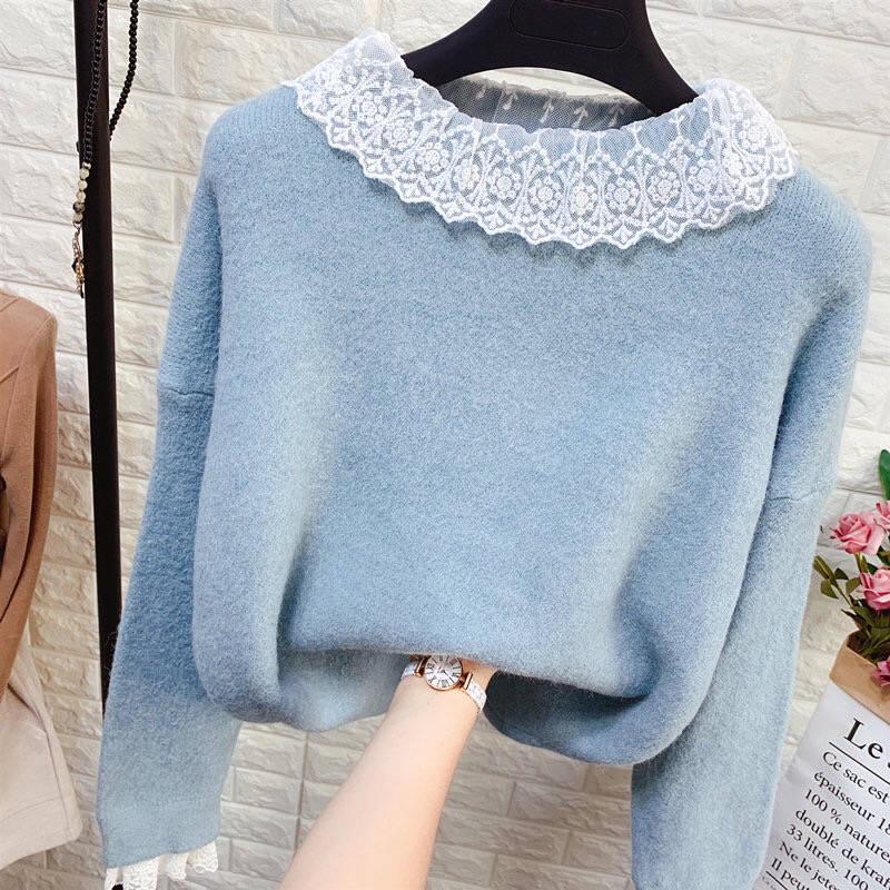Pofulove Girly Princess Lace Crew Neck Knitwear Skin-friendly High Elasticity Women Pullover Sweater