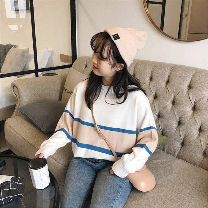 College Style Autumn Winter Sweater Women Loose Lazy Student Striped Sweater Shirt Coat