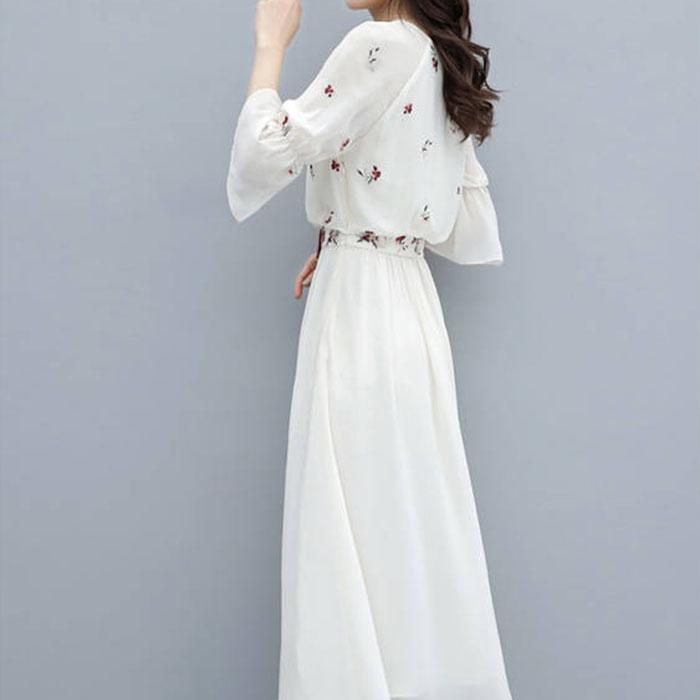Pofulove XS-3XL Women Floral Chiffon Dress Office Lady Slim Short-sleeved V-neck A-line Beach Dress