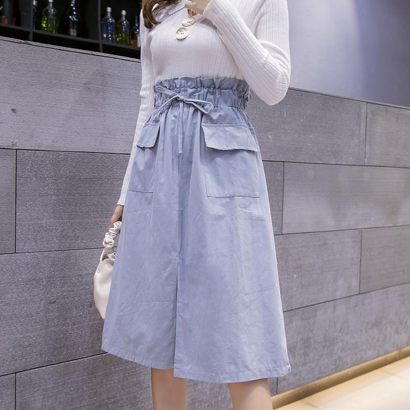 Casual Solid A-line Cotton Midi Skirts Women 2020 Summer Long Black Skirts Womens Pocket Elastic Waist Womens Skirts Female