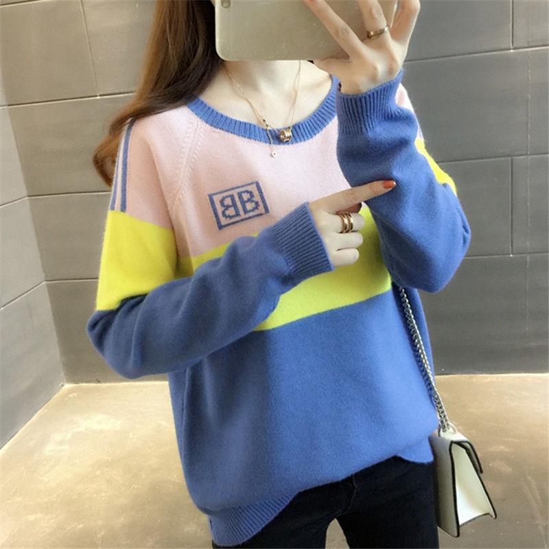Autumn  Winter Loose Short Sweater Fashion Knit Sweater Color Matching Women's Round Neck Bottoming Shirt Top
