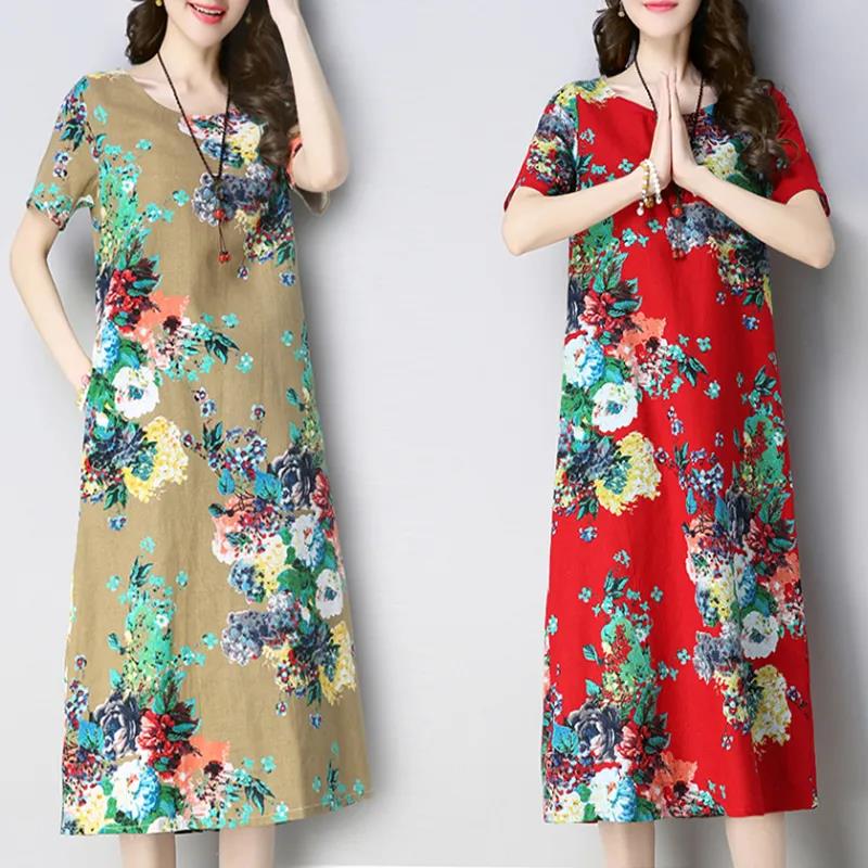 XL-XXXXXL Plus Size Women Summerfolk Style RetroMid-length Printed Over-the-knee Dress Short Sleeve Mom A-line Skirt