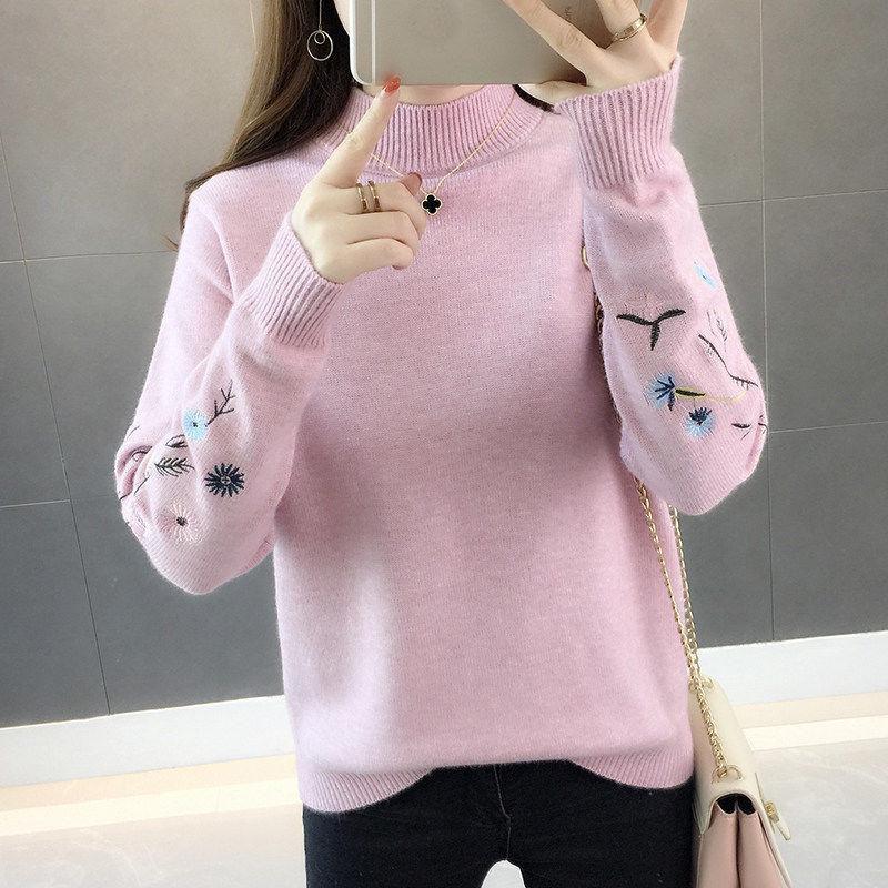 Women Embroidered Turtleneck Sweater  Loose Large Size Long Sleeve knit Sweater Pullover Top