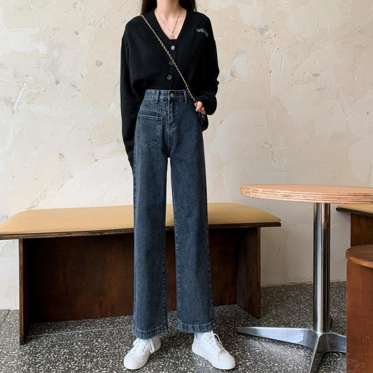 Spring Retro Hong Kong Style Thin High-waisted Jeans Women Wild Straight Loose Wide-leg Long Pants