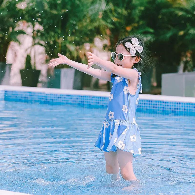 Baby Girls Swimwear Backless Cute Flower Printed One-Piece Swimsuit Summer Kids Lotus Leaf Sleeve Pleated Skirt Beachsuit