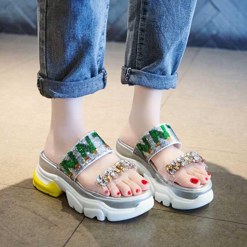 Size 35-39 Summer Women Shiny Slippers Bohemian Beach Wear-resistant Non-slip Slippers Wedge Platform Rhinestone Sandals Outdoor Crystal High Heels