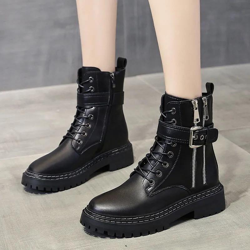Woman Short Boots Autumn and Winter All-match Thick-soled British Style Martin Boots Single Boots Leather Boots