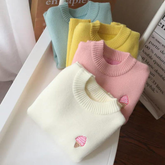 Girls' Sweater Foreign Style Children's Pullover Baby Thickened Plush Warm Knitted Bottom Shirt