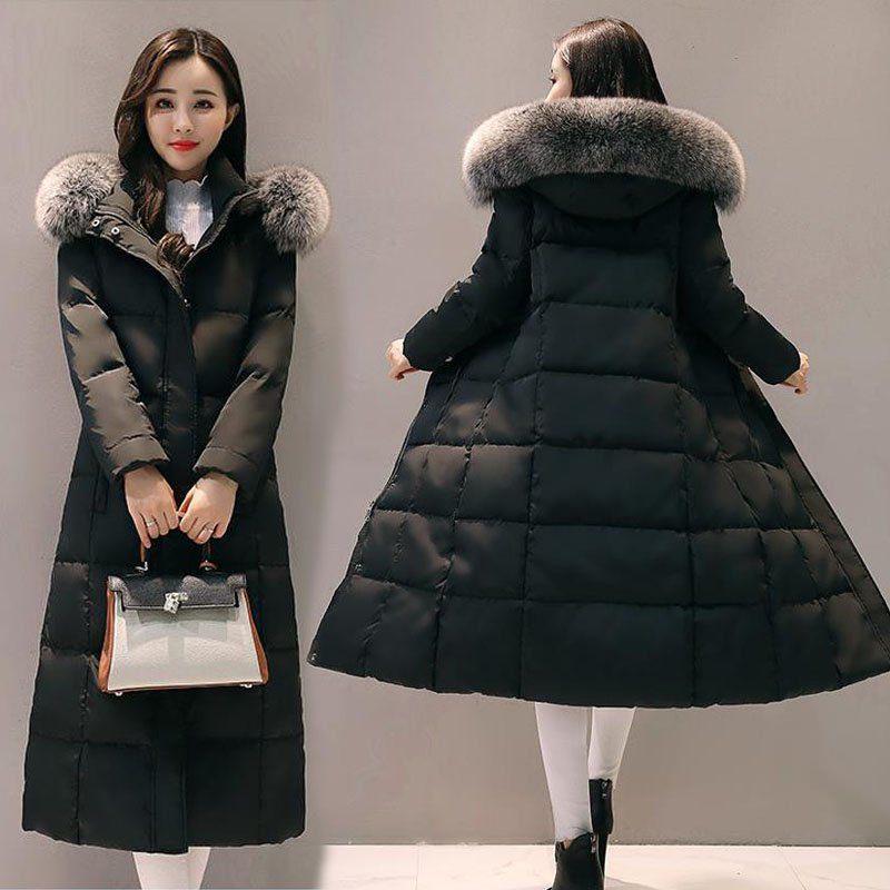 Winter Women's Down Jacket with Large Fur Collar Over The Knee Hooded Jacket Plus Down Padded Down Jacket
