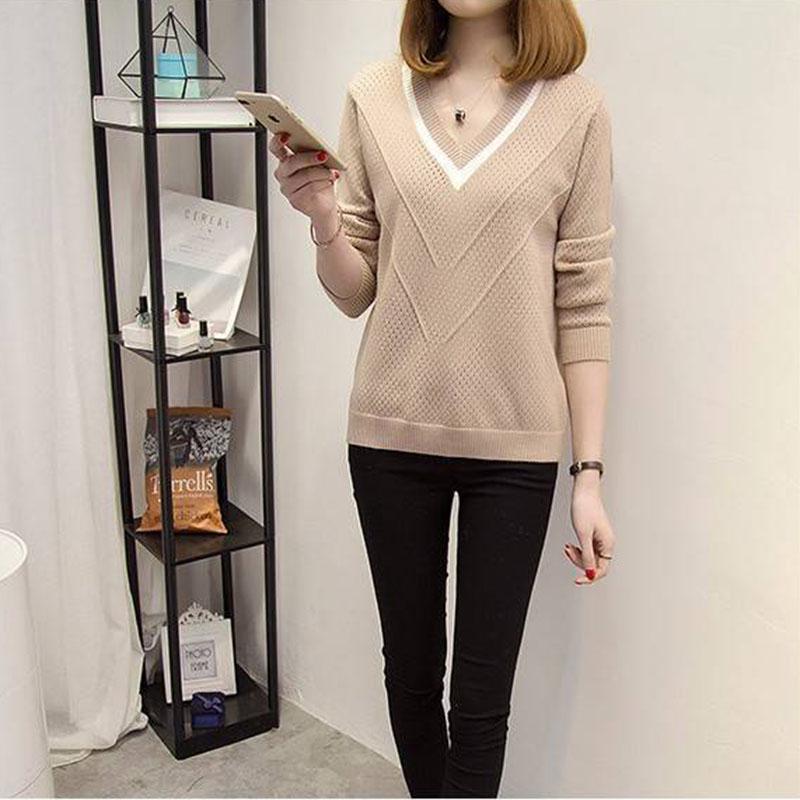 Womens V-Neck Sweater yellow  Knitted hollow Sweaters Tops loose Pullover Jumper top thin