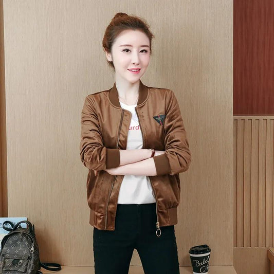 Gold Velvet Short Jacket Women's Spring Autumn Baseball Uniform Jacket Loose Thin Large Size Solid Color Zipper Pocket