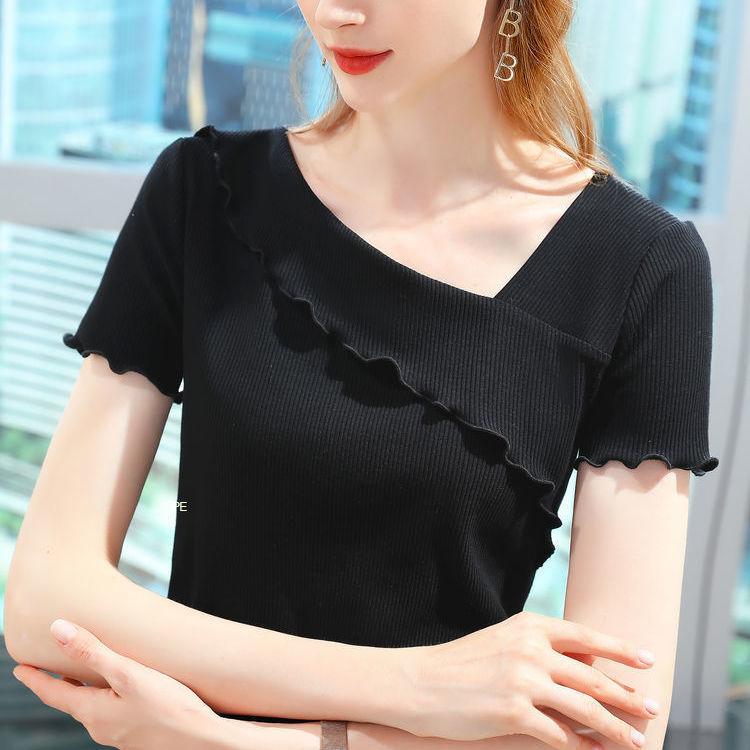 Modal T-shirt Women's Summer Short-sleeved V-neck Fungus Edge Fashion Casual Top
