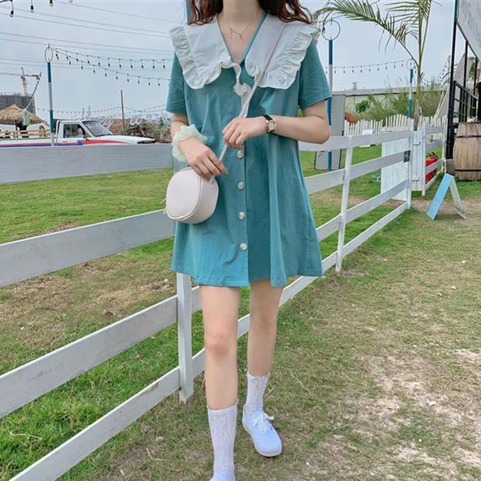 Cute Sweet Girl Ruffle College Style Age Reduction Looser  Short Sleeve Dress