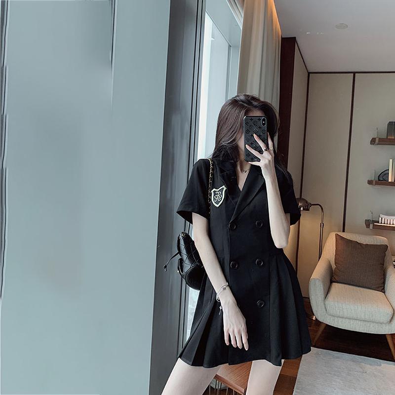Women's Summer Dress Girls Short Sleeve Turn-down Collar Solid Color Knee-length Daily Wear Office Dating Party