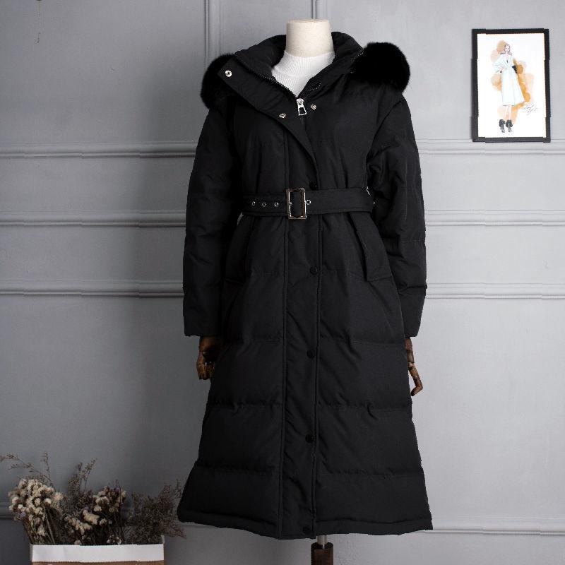 White Duck Down Long Knee-waisted Fluffy Big Fur Collar Hooded Down Jacket Women's Winter Warmth Long Cotton Jacket Parker Jacket