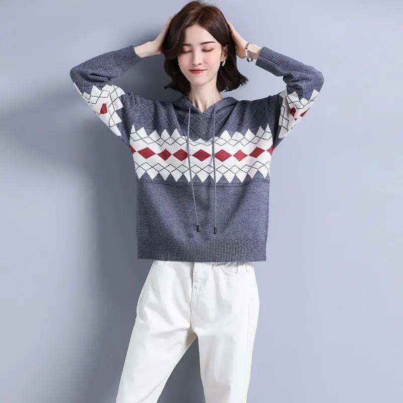 Hooded Sweater Women Rhombus Jacquard All-match Sweater Loose Pullover Women