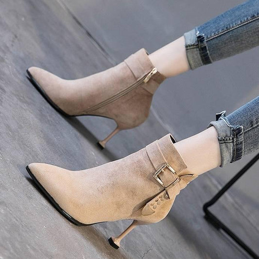 Autumn and Winter Ladies Pointed Toe High Heel Boots Flannel Upper Non-slip Wear-resistant Sole