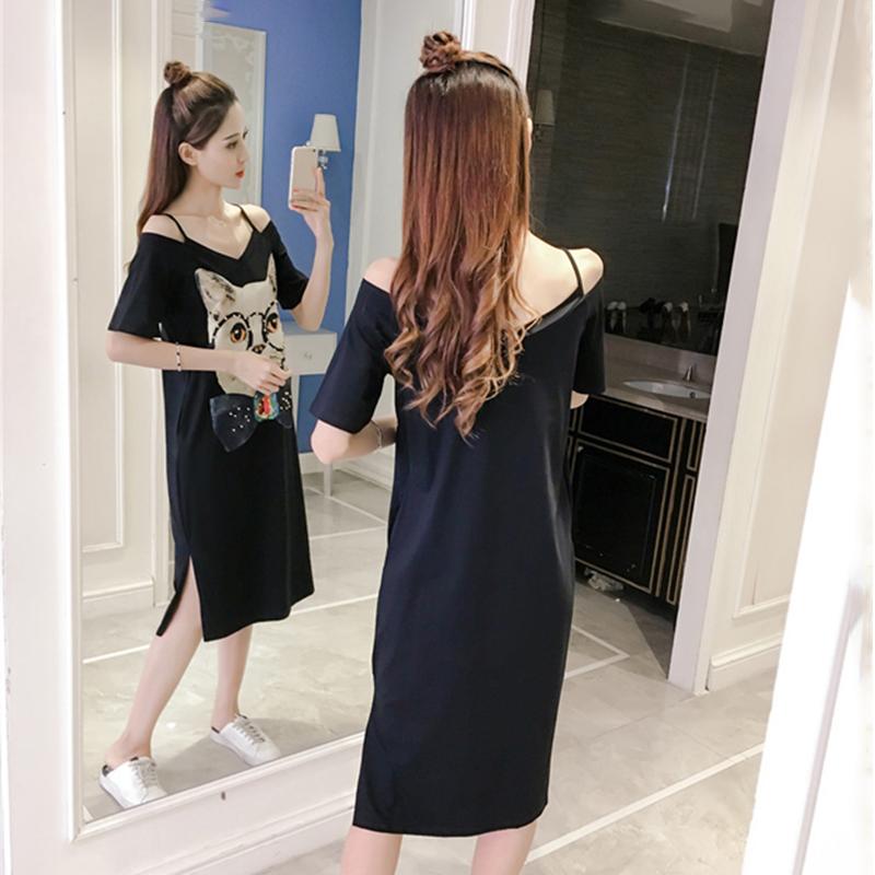 Summer Women's Strapless Sling Dress Women's Loose Mid-length Short Sleeve T-shirt Skirt Casual Comfortable Fabric Soft Women's Straight Dress