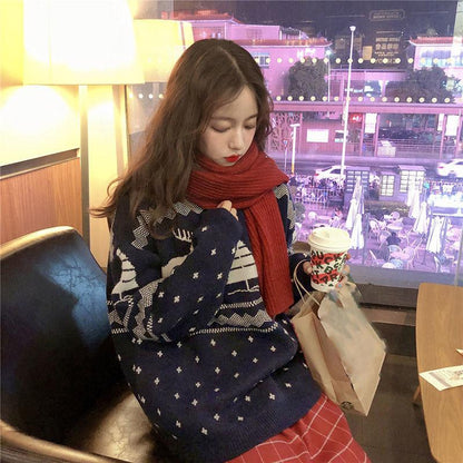 Autumn and Winter Pullover Top Loose Casual Thick Coat Christmas Style Knitted Female Sweater