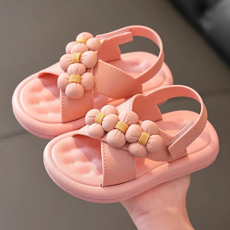 Children's Sandals Summer Girl's Princess Non-slip Soft Sole Beach Sandals Kid's Large Size Solid Color Flowers Sandals