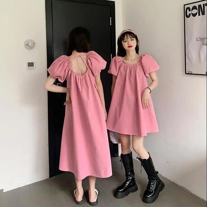 Square Neck Puff Sleeve Dress Women Summer French Retro Dress Design Women's Sweet Loose A-line Casual Mid-length Dress Skirt Length 105CM