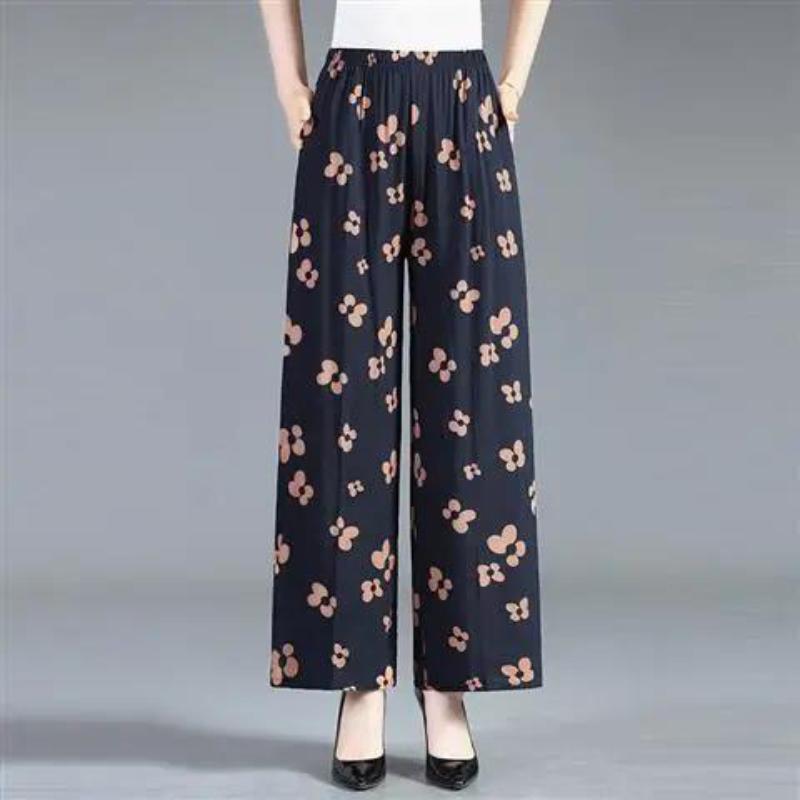 Cotton Silk Pocket Wide-leg Pants, Floral Pants, Nine-point Casual High-waist Rayon Trousers
