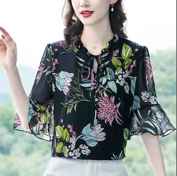 Summer Chiffon Shirt Women's Loose Plus Size Printed Shirt Doll Collar Top