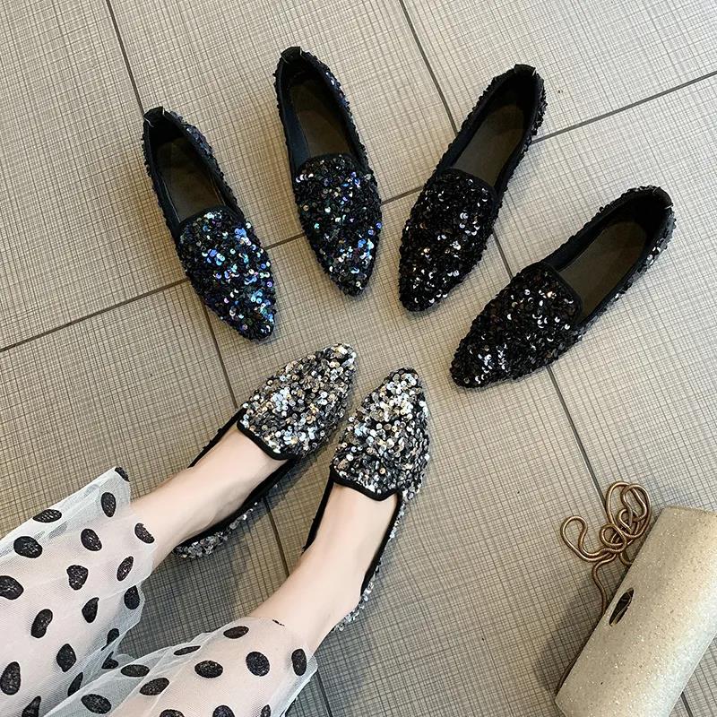 Women's Spring and Summer Pointed Toe Shoes Autumn Low Heel Casual All-match Single Shoes Large Size Soft Bottom Party Sequins Shoes