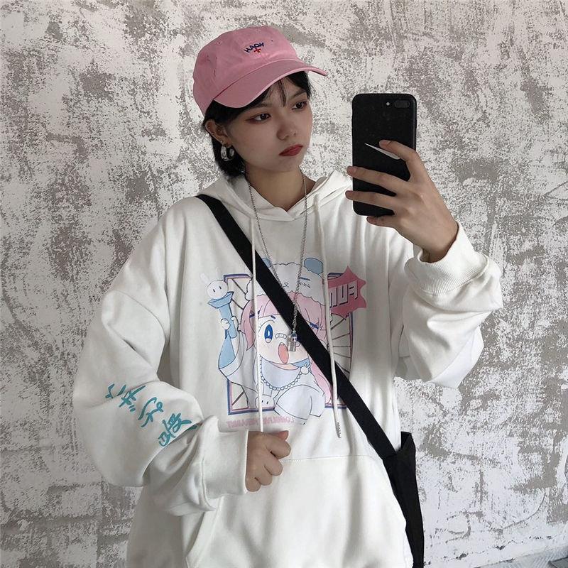 Japan Anime Sweatshirts Women White Hooded Tops Fashion Pullovers Hoodies Fall Winter Thick Fleece Harajuku Hoodies Ladies Casual Clothes Clothes