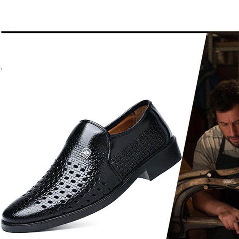 Leather Men Shoes Summer Hollow Breathable Oxfords Man Casual Shoes Slip on Formal Dress Shoes for Man