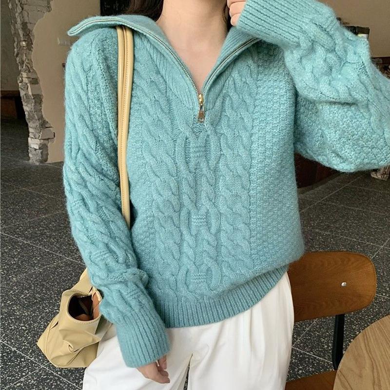 Retro Twist Zipper High Neck Pullover Sweater Women Loose Long-sleeved Lapel Cropped Top Autumn Winter