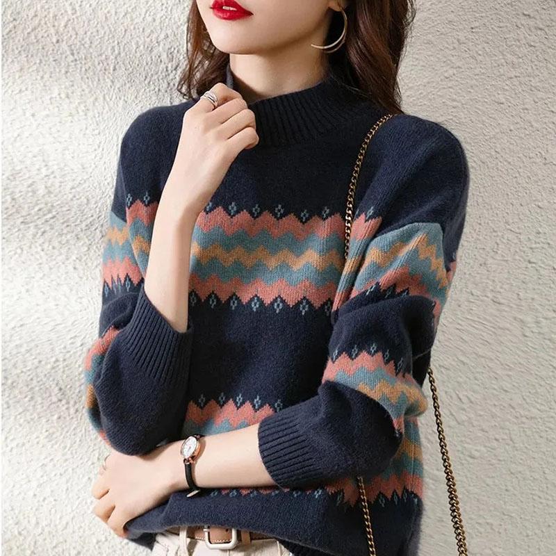 Sweater Women's Pullover Color Striped Knitwear Korean Loose Top Trending Sweater Autumn and Winter Fluffy Lazy Style