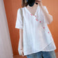 Women's Summer Cotton Linen Short Sleeve Top Embroidered Loose Versatile V-Neck T-Shirt